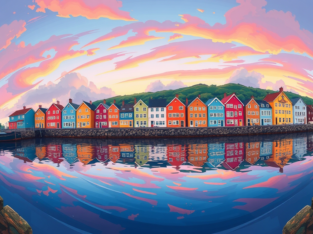 Generate a vibrant illustration of colorful houses along a shoreline with reflections in the water, using a wide-angle lens, ISO 100, f/8 aperture, 1/200 sec shutter speed, captured in a panoramic view with a digital illustration style.