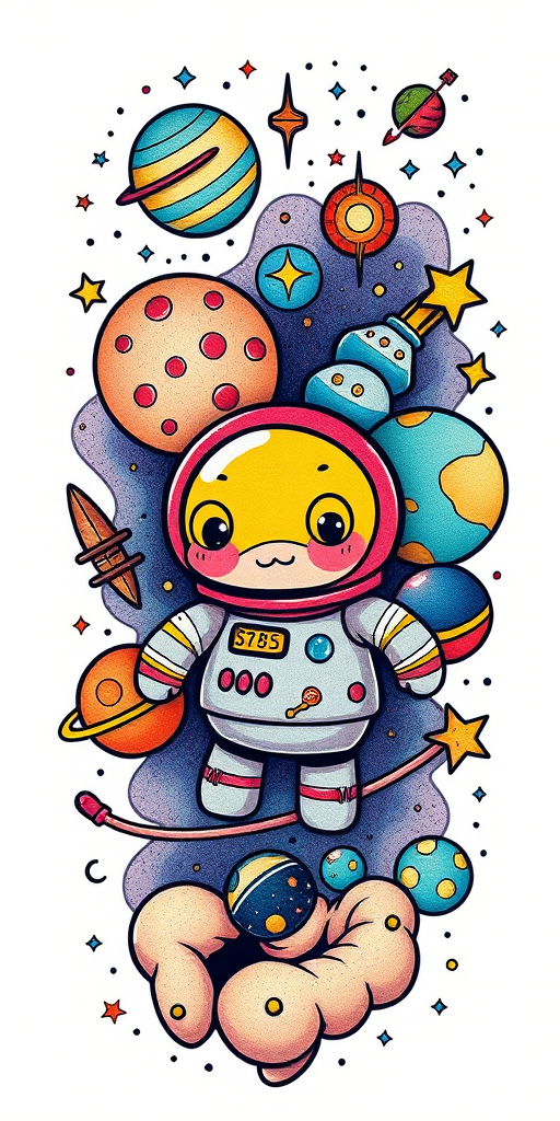 New school tattoo style called "Cartoon Cosmos" with exaggerated proportions and bright colors depicting whimsical space-themed characters and celestial objects