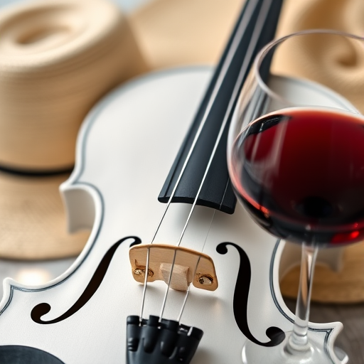 a close-up shot of a white violin with black strings, a straw hat beside it, and a glass of red wine, soft natural lighting highlighting the textures, shot with a Canon EOS R5 at f/2.8, ISO 100, 50mm lens, shallow depth of field, lifestyle photography style