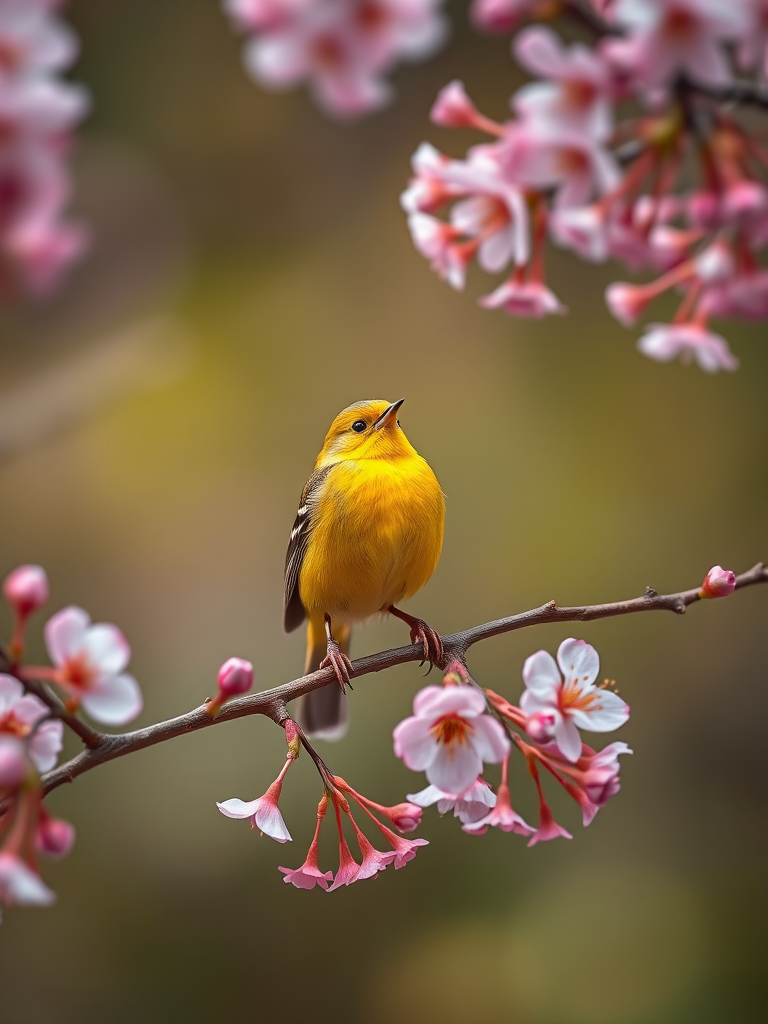 A vibrant yellow bird perched on pink cherry blossom branches, shallow depth of field, soft bokeh background, natural lighting, captured with a Canon EOS R5, 85mm lens, f/2.8, ISO 100, 1/200s, photographer's perspective.