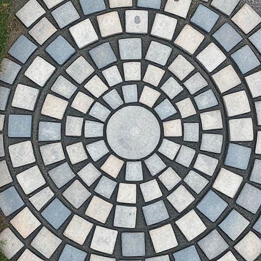 circular stone pathway texture, high resolution, 50mm lens, f/8 aperture, ISO 100, top-down view, DSLR camera, natural lighting