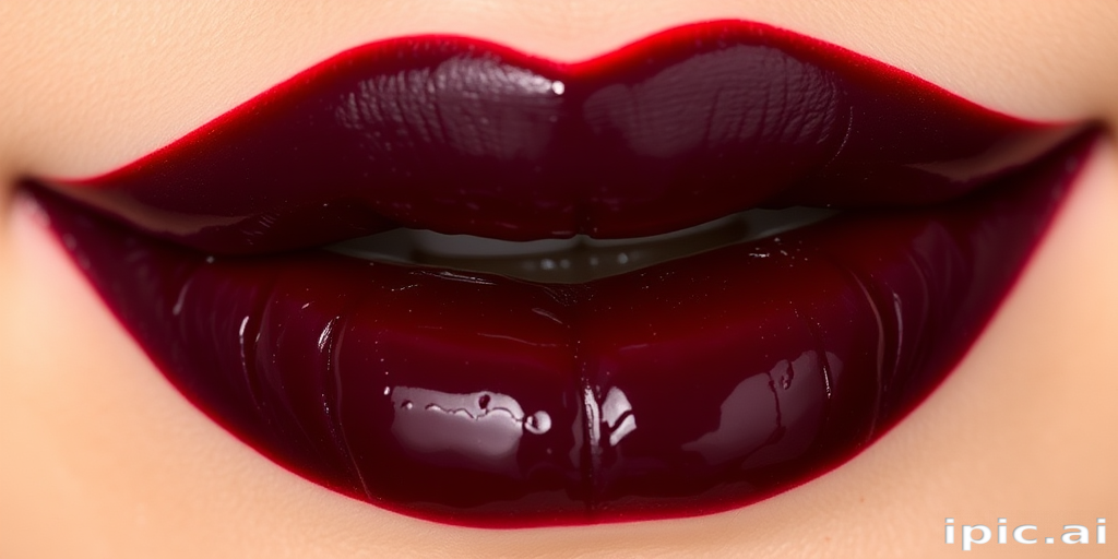 Glossy black cherry lips with a juicy finish, dubbed "Midnight Berry," feature a deep, rich color and a hydrating formula for comfortable wear