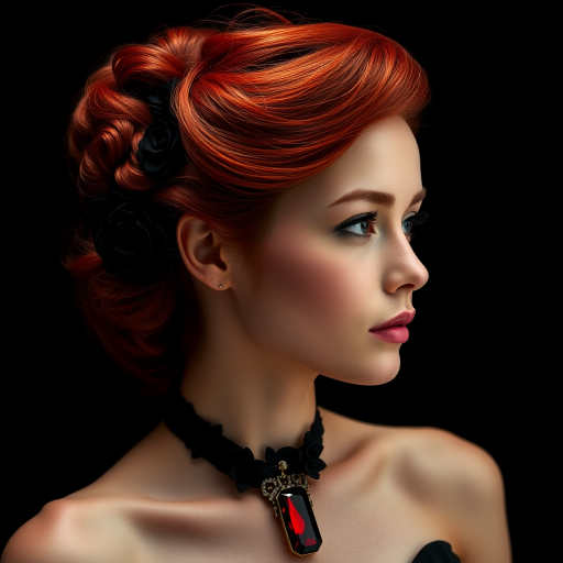 A young woman with bright red hair styled in a voluminous updo adorned with black floral accents, wearing a black choker with a large red gemstone pendant, looks off to the side with a slightly pensive expression, her face softly lit against a dark background.  The image is composed as a portrait, shot from a close-up perspective, with the subject filling most of the frame.  The woman's skin appears fair and flawless, with a subtle glow.  The overall atmosphere is elegant and slightly dramatic.