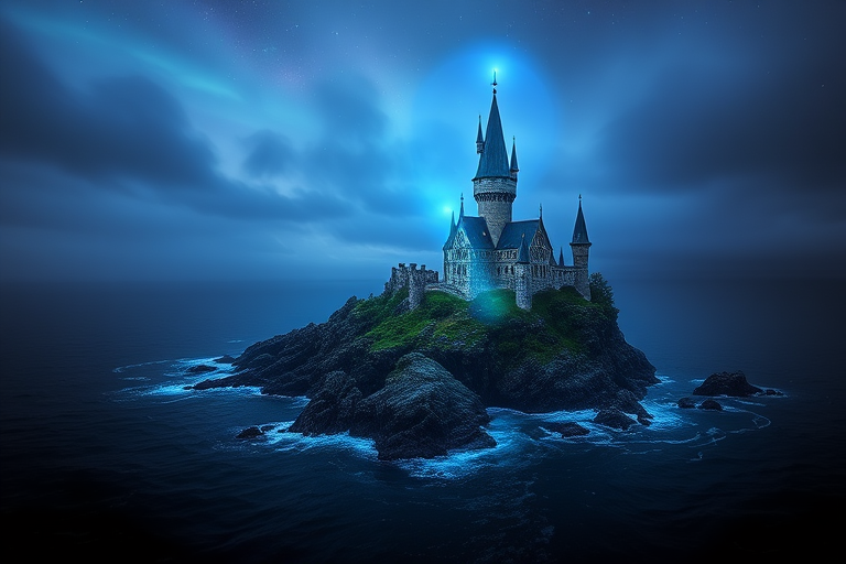 Generate a high-resolution fantasy landscape featuring a mystical castle on a rocky island in a dark ocean, illuminated by an ethereal blue aura, using a DSLR camera at 24mm, f/8, ISO 200, 1/250 sec, with a long exposure for vibrant colors and enhanced detail.