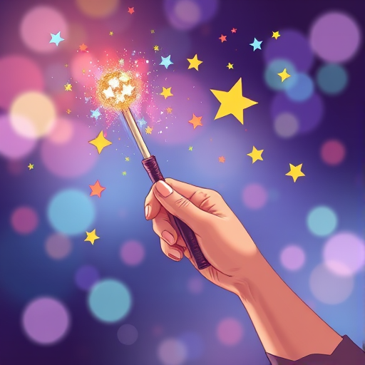 A whimsical illustration of a hand holding a magic wand with colorful stars and sparkles emanating from it, shot with a 50mm lens, aperture f/2.8, soft focus background, digital illustration style, high resolution, vibrant colors.