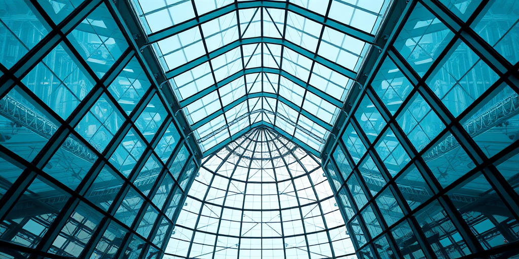 architectural interior of a modern glass structure with a geometric pattern, captured with a Canon EOS R5, 24mm lens, f/8 aperture, ISO 100, 1/200s shutter speed, in natural light for enhanced clarity and detail.