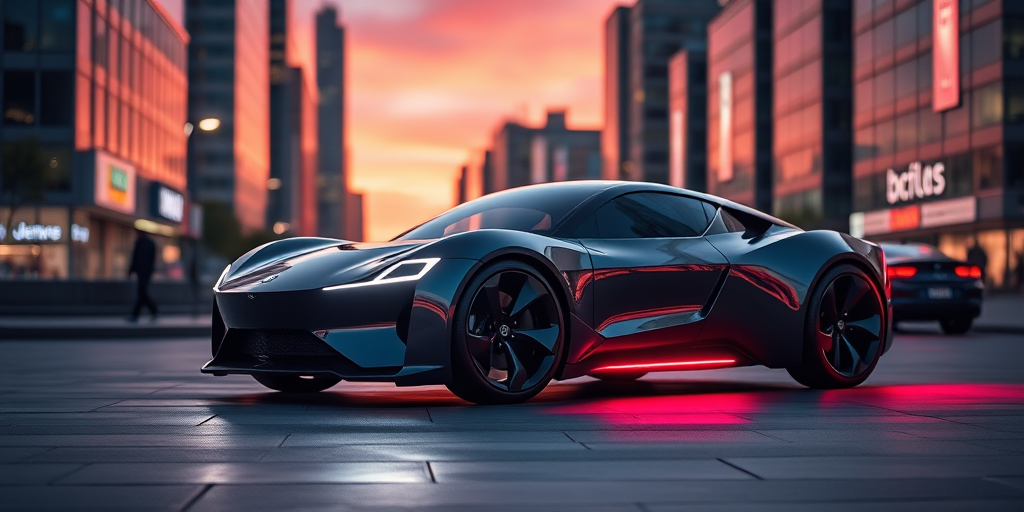 Create an image of a sleek futuristic electric car in a city setting at dusk with neon lights reflecting off the body, captured with a DSLR camera at 35mm, f/2.8 aperture, ISO 100, using a wide-angle lens for a dramatic perspective.