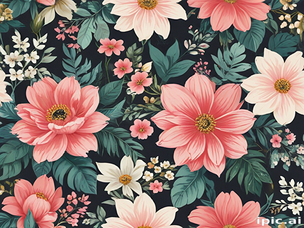 Vibrant Floral Pattern Featuring Various Colorful Blooms on Dark Background