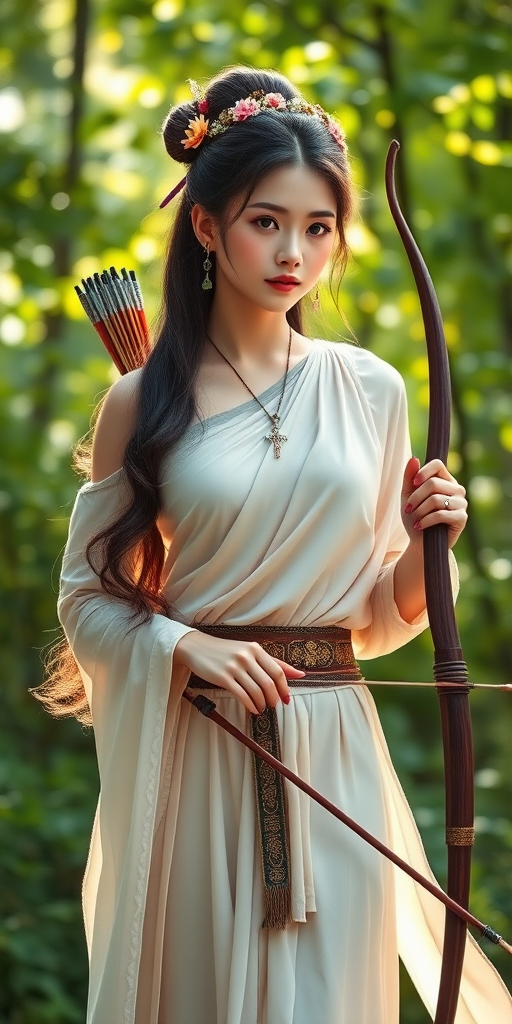 Create a portrait of a goddess-like Chinese girl figure in a tranquil, forested environment. She has an elegant appearance with long, wavy hair styled in an updo and adorned with a delicate, floral headband. She wears a flowing, ancient Greek-inspired gown in a soft, pale color, featuring a one-shoulder design and draped fabric that accentuates her graceful form. The outfit includes a decorative belt with ornate gold detailing, and she holds a bow in her hand, with a quiver of arrows slung over her shoulder. The background depicts lush greenery, with sunlight filtering through the trees, casting a gentle, ethereal light on the scene. Her expression is calm and contemplative, embodying a sense of wisdom and serenity.