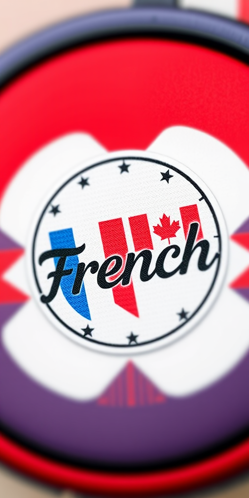 Create an image of a circular badge featuring the French and Canadian flags with the word "French" in a stylish font, using a DSLR camera with a 50mm lens at f/2.8, ISO 100, and a shallow depth of field to enhance the details and colors.