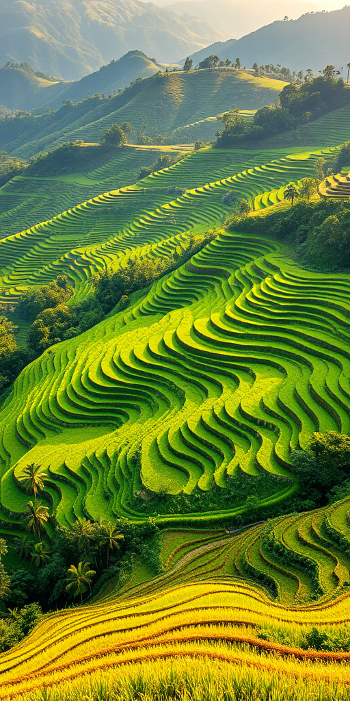 capture a panoramic view of terraced rice fields in vibrant green, showcasing the intricate layers and surrounding trees, golden hour lighting for dramatic shadows, use a Canon EOS R5 with a 24-70mm lens, aperture f/8, shutter speed 1/250s, ISO 100, shot from a high vantage point to emphasize the landscape depth and texture