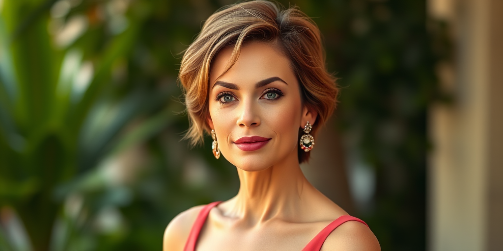 with a short, natural makeup style featuring soft pink lipstick and a light, styled in a tousled, likely in her mid-40s, The gown is fitted at the waist and flares out into a flowing skirt in cafe