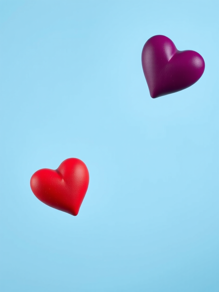 Generate an image of two hearts, one red and one deep purple, against a soft blue background, using a Canon EOS R5 with a 50mm f/1.2 lens, aperture set to f/4, ISO 100, shot in natural light, focusing on vibrant colors and texture to enhance image quality.