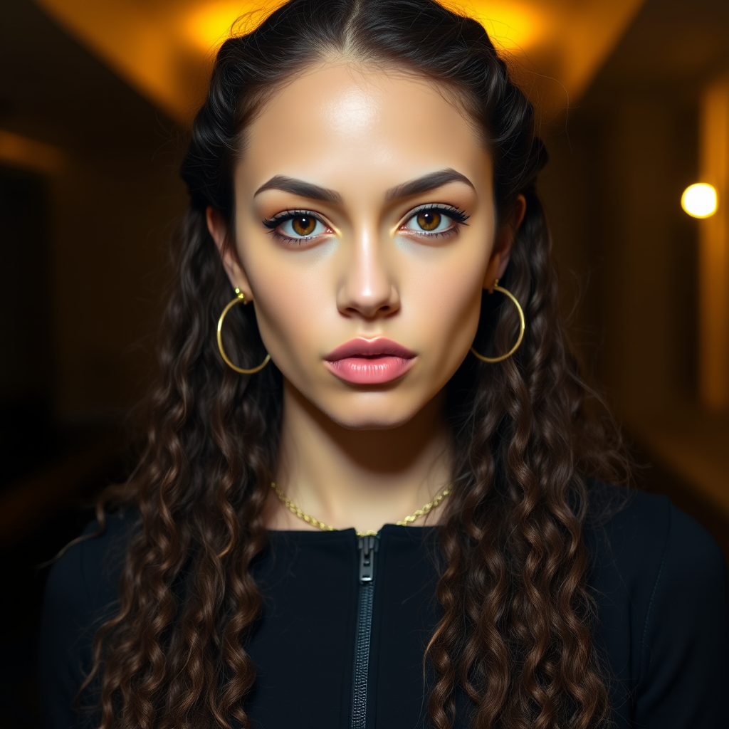 A young woman with long, curly brown hair is looking directly at the viewer. She is wearing a black top with a zipper down the front. The setting is a dimly lit interior space, with a warm, golden light emanating from the background. Her expression is neutral, with a hint of seriousness. The image is a close-up portrait with a shallow depth of field, focusing on the woman's face and torso. The background is blurred, creating a soft and intimate atmosphere.  She is wearing large gold hoop earrings, and a small gold chain is visible around her neck.  Her makeup is natural and simple, highlighting her brown eyes. The lighting creates subtle shadows that accentuate her features.  Her skin is smooth and glows in the soft light. The composition is balanced, with the woman's face positioned in the center of the frame.  The image is focused on capturing her beauty and confidence.