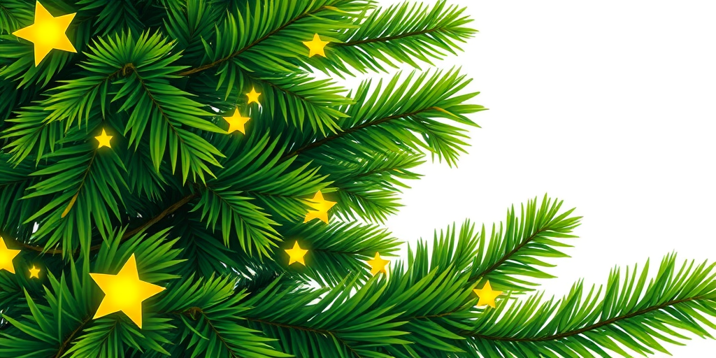 Create a detailed illustration of a Christmas tree with lush green leaves and bright yellow stars, captured in a vibrant style using a DSLR camera, 50mm lens, aperture f/2.8, ISO 100, with a shallow depth of field to enhance the texture and colors, on a plain white background.