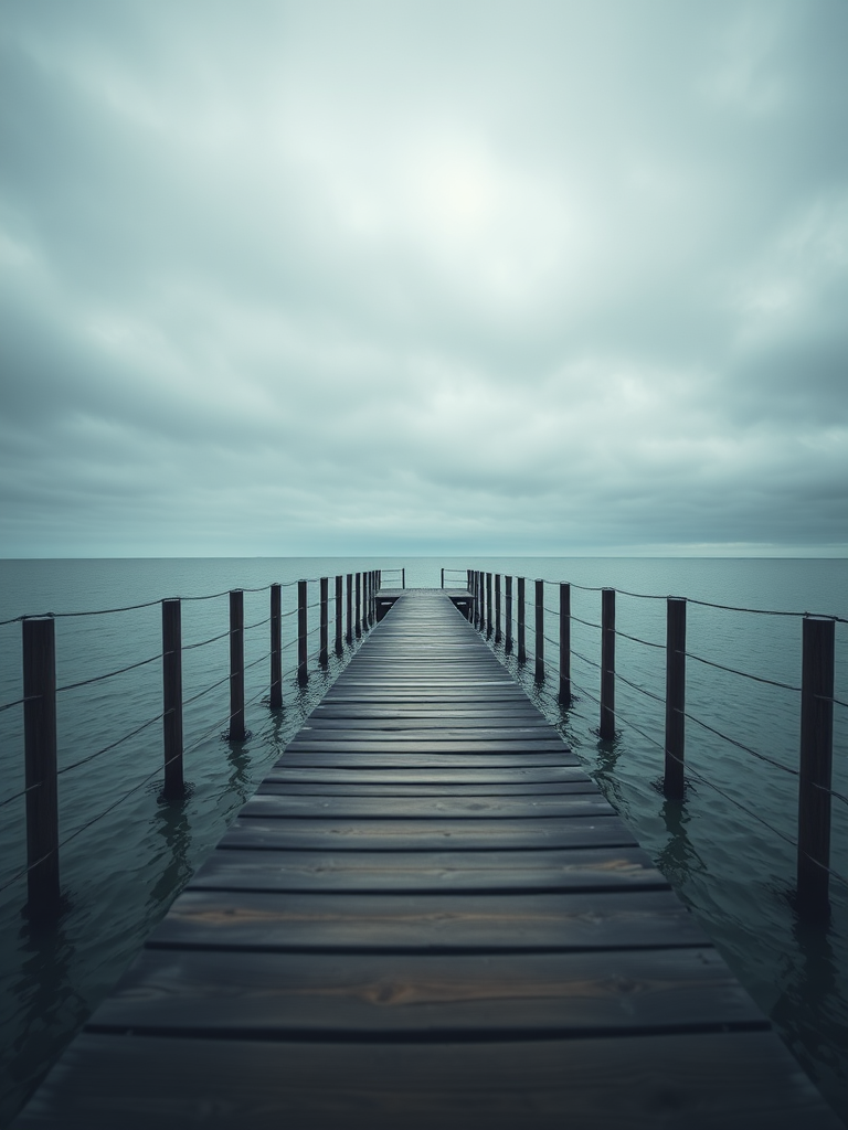 A serene view of a wooden pier extending into calm water, under a moody overcast sky, captured with a DSLR camera, 35mm lens, f/8 aperture, ISO 200, shot from a low angle to emphasize depth and perspective.