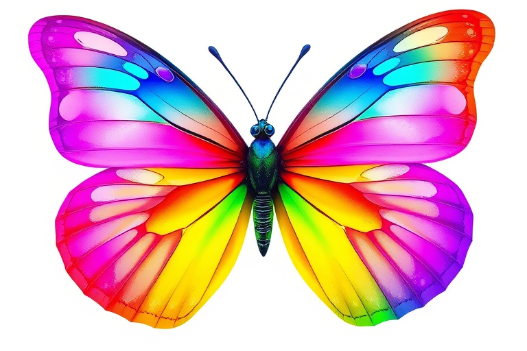 Create a vibrant and colorful butterfly with a gradient of rainbow colors across its wings, featuring intricate patterns and a delicate, graceful appearance. The butterfly should have large, open wings showcasing shades of pink, purple, blue, green, and orange, with a smooth and glossy texture.