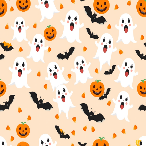 Create a repeating pattern featuring cute cartoon ghosts in white with surprised expressions orange jack-o-lanterns with grinning faces black bats scattered throughout and small candy corn pieces on a light peach background