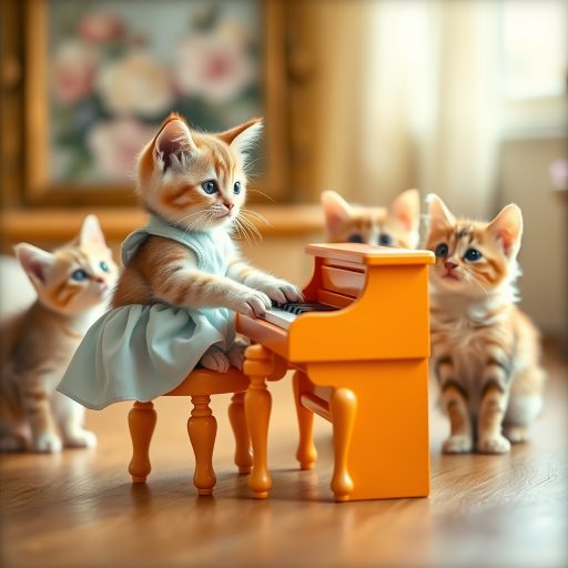 A charming scene of three cute cats in a vintage-style room. One cat, wearing a small, light-blue dress, sits on a tiny stool playing a miniature orange piano. Two other cats, with wide, curious eyes, watch the piano-playing cat intently. The room has warm lighting, with a cozy, old-fashioned aesthetic, soft wooden floors, and a blurred floral painting in the background. The overall mood is playful and whimsical, capturing the innocent curiosity of the cats. The image has a slightly worn, nostalgic feel, reminiscent of an old photograph.