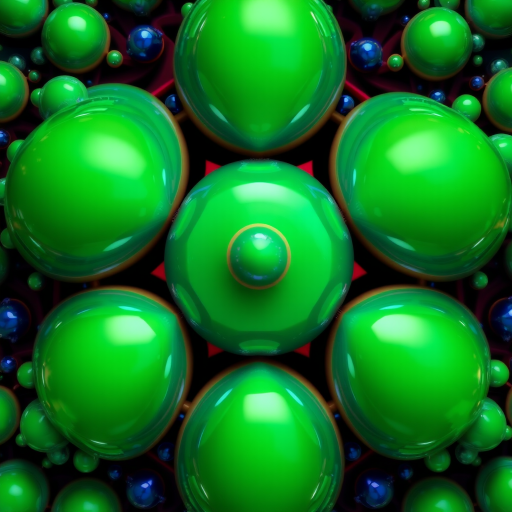 generate a high-resolution abstract fractal image with vibrant green and blue spheres arranged in a symmetrical pattern, using a Canon EOS R5 with a 50mm lens at f/1.8, ISO 100, and a shutter speed of 1/100s, shot from a bird's-eye view to enhance depth and detail