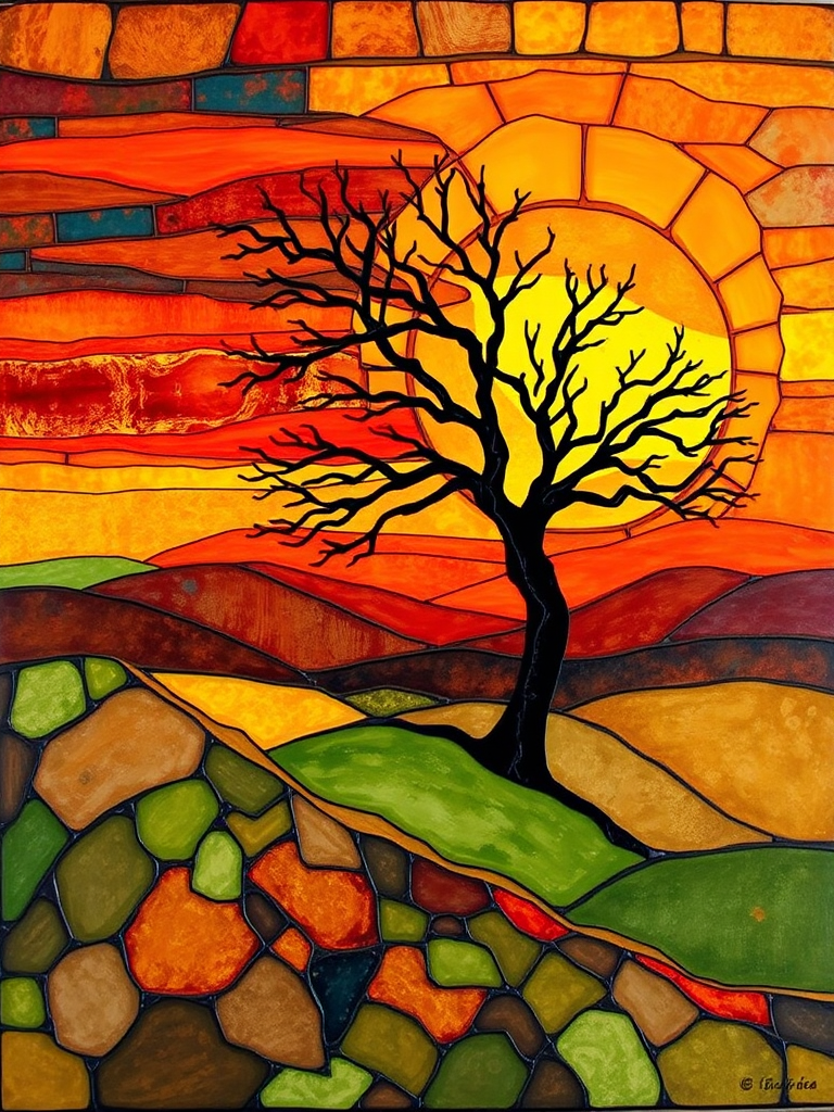 A vibrant abstract painting on Tiffany Glass, blending acrylic and alcohol ink techniques, captures a dramatic sunset over rolling hills. The artwork features a textured, rocky foreground in green and brown, layered abstract hills, and a striking sunset in rich oranges, yellows, and reds. A solitary black tree with intricate branches contrasts against the fiery sky, creating a dynamic and expressive portrayal of a breathtaking natural scene.