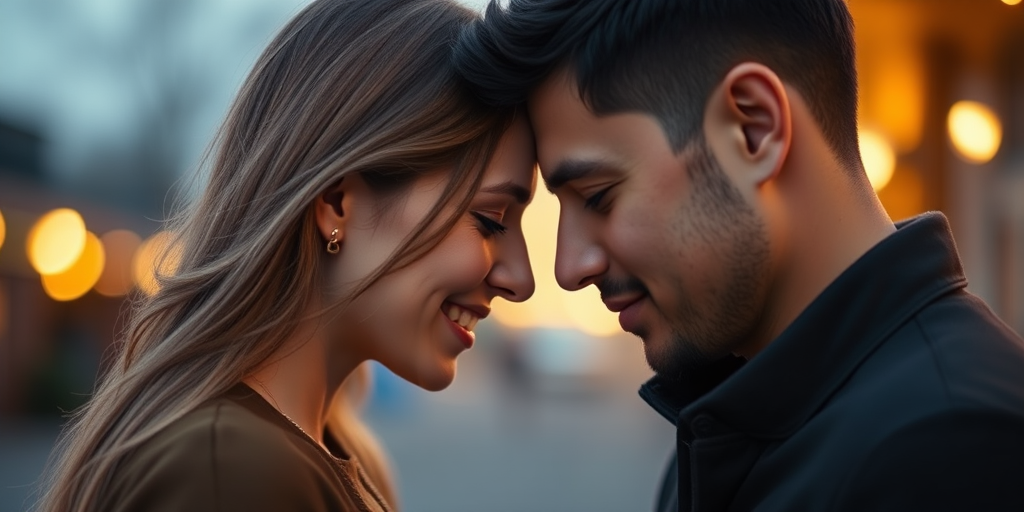 portrait of a couple with foreheads touching in front of soft glowing lights, soft focus, f/1.8 aperture, 50mm lens, ISO 200, warm color tone, shallow depth of field, evening lighting, DSLR camera