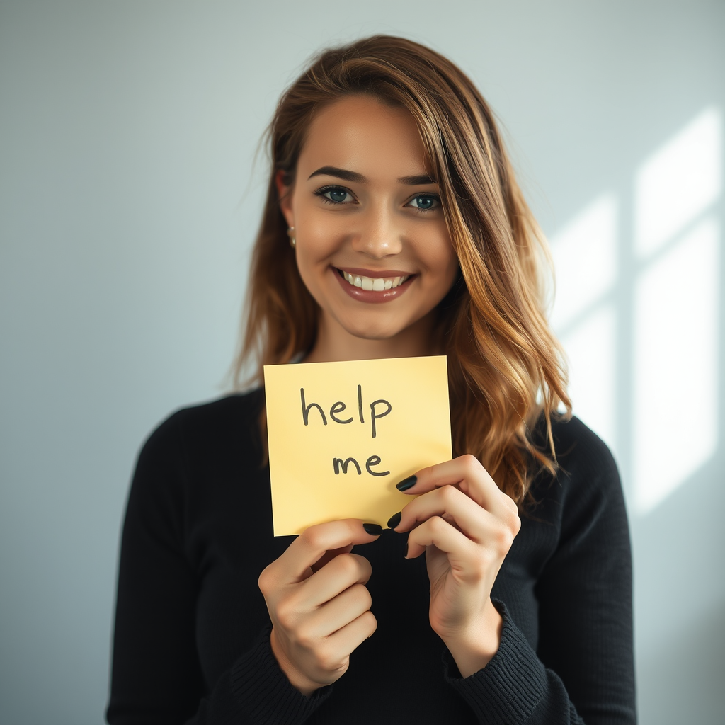 woman holding a note which says "help me"