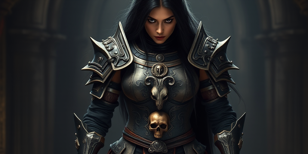 Create a photo of a fierce female warrior with long black hair, wearing an ornate, metallic armor. The armor includes a breastplate with intricate designs, shoulder guards, and gauntlets. The breastplate is decorated with a central emblem, possibly representing a mythical symbol, and has a sculpted, form-fitting design. She wears a belt with a large skull ornament at the center, and her armor extends into a partial skirt, revealing one leg. The overall look is both protective and stylish, with a dark, gothic aesthetic. The background is dimly lit, suggesting a medieval or fantasy setting, enhancing the warrior's imposing presence and intense expression.