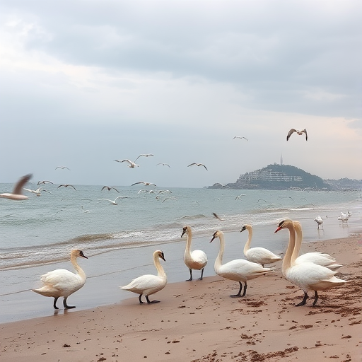 generate a serene beach scene with a variety of birds including swans and seagulls near the waterline, cloudy sky with soft natural light, use a Canon EOS 5D Mark IV, focal length 24mm, aperture f/8, shutter speed 1/1000s, ISO 200, capture a wide-angle view to include the shoreline and birds in motion.
