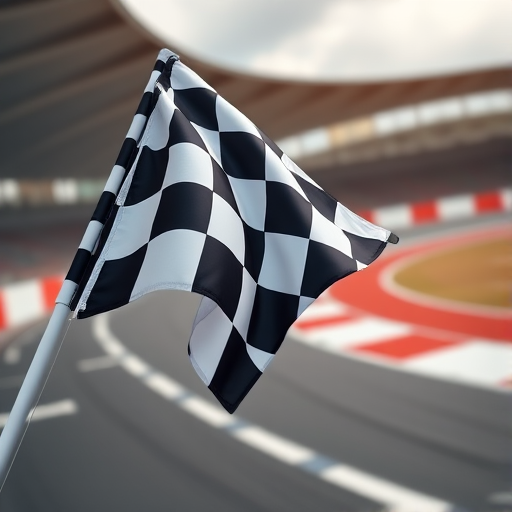 Create a high-resolution image of a waving checkered flag on a blurred racing track background, using a DSLR camera with a 50mm lens, aperture f/2.8, shutter speed 1/500s, ISO 100, and a low-angle perspective for dynamic effect.