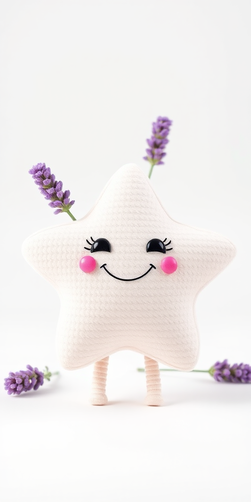 Create a cute, smiling lavender star character on a white background, with a soft focus lens effect, using a Canon EOS R5 camera, 50mm lens at f/1.8, ISO 200, in a bright studio setting.
