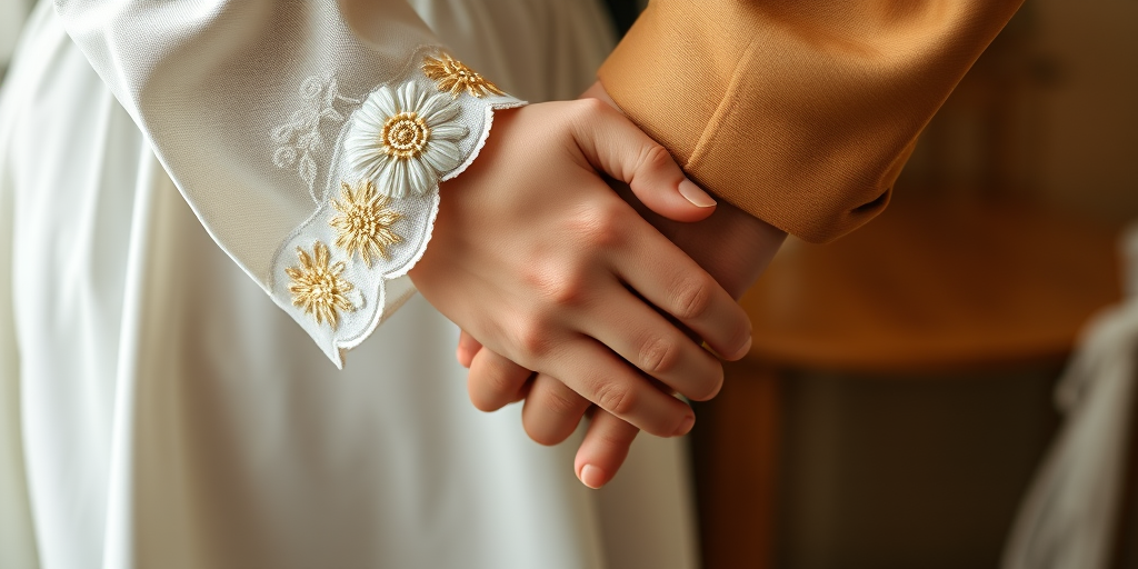 Create an image of two hands clasping together, one wearing a delicate, embroidered sleeve and the other with a plain design, shot with a Canon EOS R5, 50mm lens, f/1.8 aperture, ISO 100, natural light, with a soft focus on the background to enhance the intimacy of the moment.