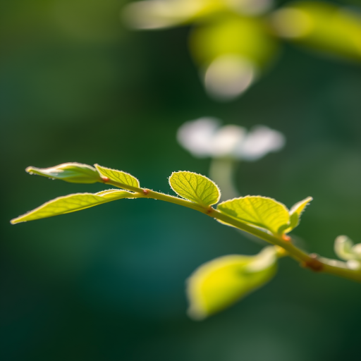 Generate a high-resolution image of a delicate green leaf branch with detailed textures, photographed with a Canon EOS R5, 100mm f/2.8 macro lens, using a shallow depth of field, natural lighting, and a soft focus background to enhance the subject's features.