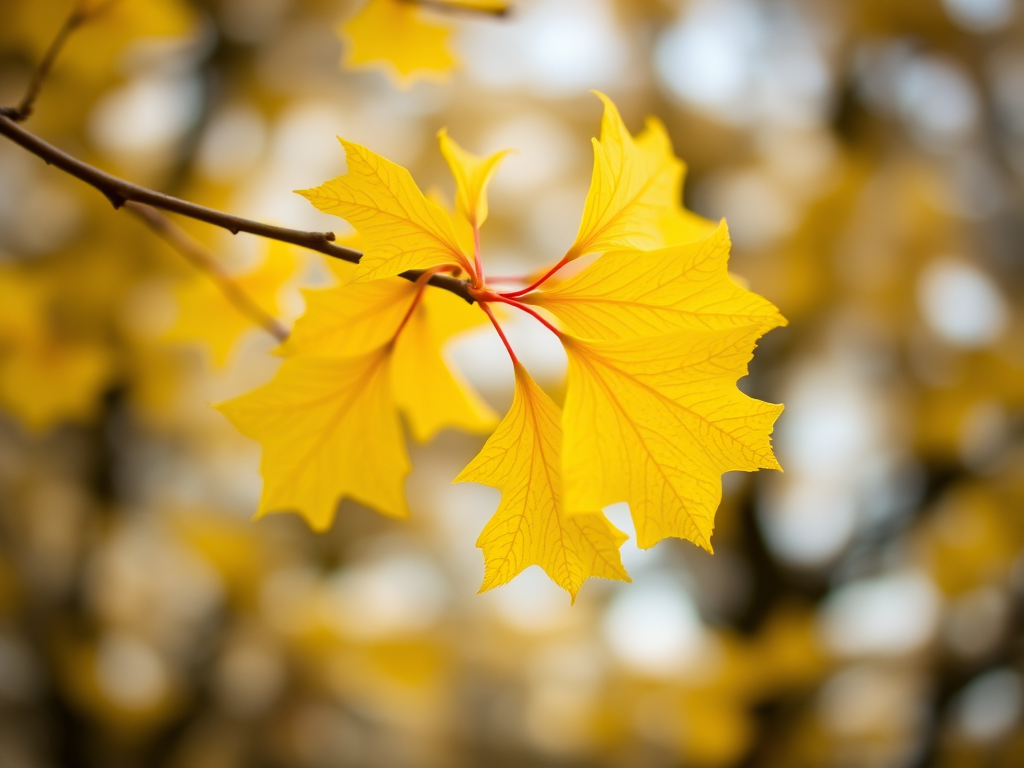 Close-up shot of vibrant yellow ginkgo leaves on a branch against a blurred natural background, using a macro lens at f/2.8, ISO 100, 1/200 sec, with a shallow depth of field for a soft bokeh effect, taken with a DSLR camera.