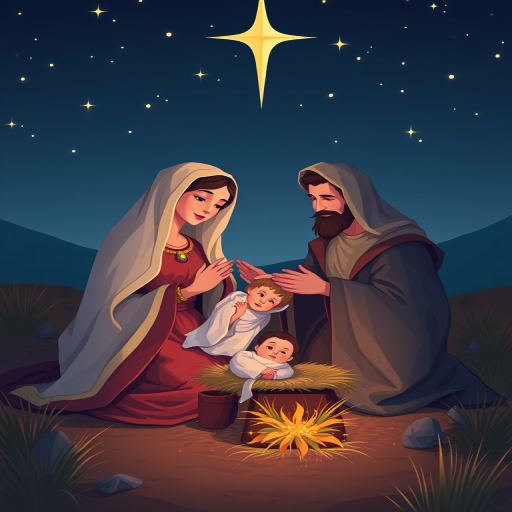 Regenerate a digital illustration of a nativity scene with Mary, Joseph, and baby Jesus in a stylized landscape, using a Canon EOS 5D Mark IV, 50mm lens, f/2.8, ISO 100, night mode, and vibrant color palette for enhanced clarity and depth.