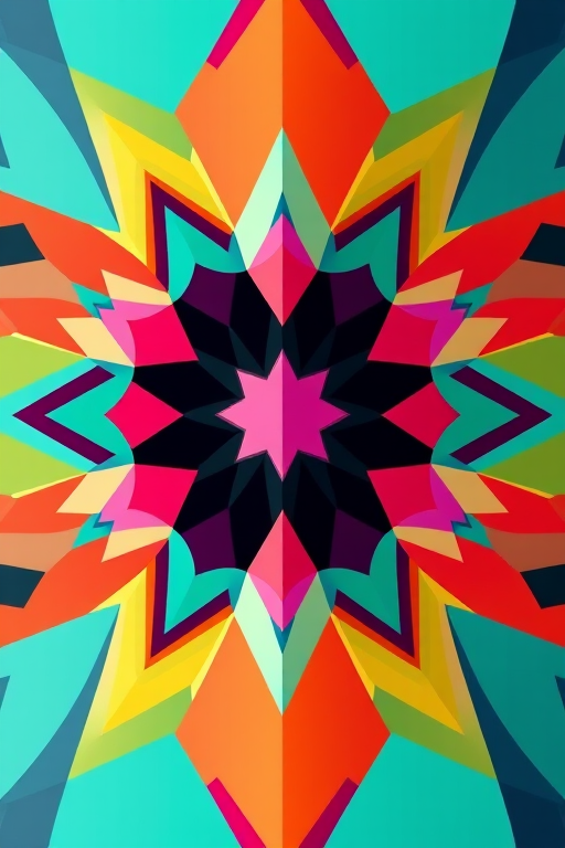Create an abstract geometric design with vibrant colors, sharp edges, and symmetrical patterns, shot with a DSLR camera at f/8 aperture, ISO 100, 50mm lens, in high resolution, using a straight-on view.