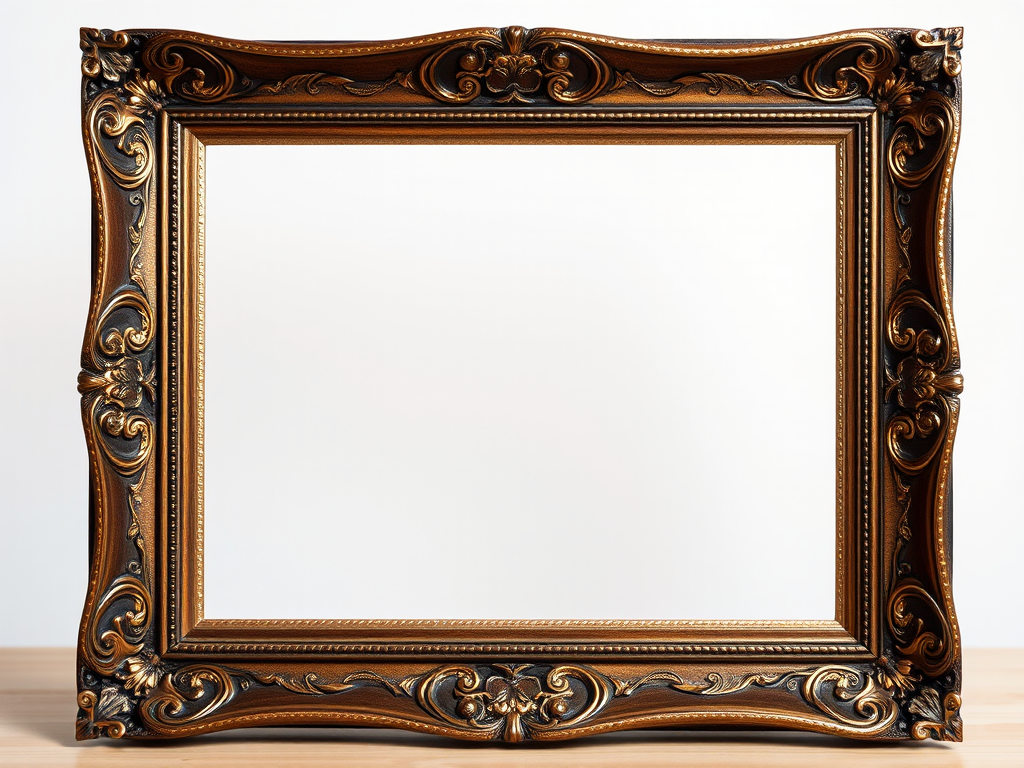 Create a high-resolution image of an ornate wooden picture frame with intricate gold and silver detailing; use a DSLR camera with a 50mm lens, aperture set to f/1.8, shutter speed at 1/125s, ISO 100, and a soft focus background to enhance the frame's texture and design.