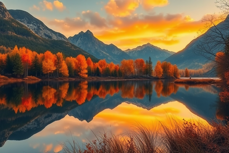 capture a serene autumn landscape with vibrant orange and yellow trees reflecting on a calm lake surrounded by mountains during golden hour, use a DSLR camera with a 24mm lens, aperture set to f/8, ISO 200, and a shutter speed of 1/60 sec, employ a wide-angle view to enhance depth and focus on the reflections in the water
