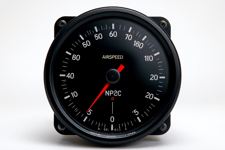 High-resolution illustration of a vintage airspeed indicator with a black background, clear white markings, and vibrant color coding for speed zones, taken using a DSLR camera at f/8 aperture, ISO 100, 1/125 sec shutter speed, in a studio setting with soft diffused lighting.