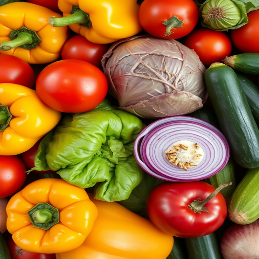 Generate a high-resolution close-up image of colorful vegetables including yellow bell peppers, ripe tomatoes, green cabbage, red onions, and cucumbers arranged in a vibrant collage, captured with a DSLR camera at f/2.8 aperture, ISO 100, 50mm lens, natural lighting from the side for enhanced contrast and texture.