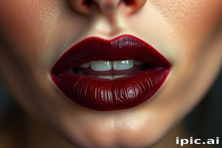 Sultry wine-stained lips showcase a deep burgundy center that fades to a softer hue at the edges, mimicking the look of sipping fine red wine