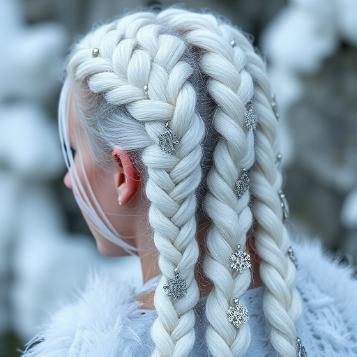 Icy platinum Viking braids named Frost Warrior featuring an intricate network of tight cornrows and hefty plaits adorned with silver beads and delicate snowflake charms