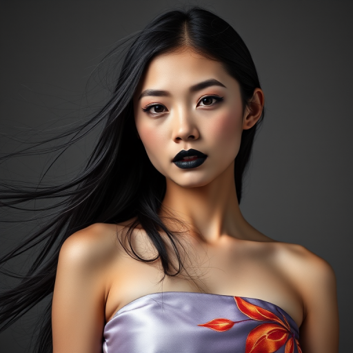 Photographic image of a beautiful young Ainu woman, brown eyes, lips with black lipstick, long hair fluttering in the wind and wearing a silk strapless dress with a soft purple and orange print. monochrome image with only color highlights in the iris of the eyes, lipstick and dress. Gray background.