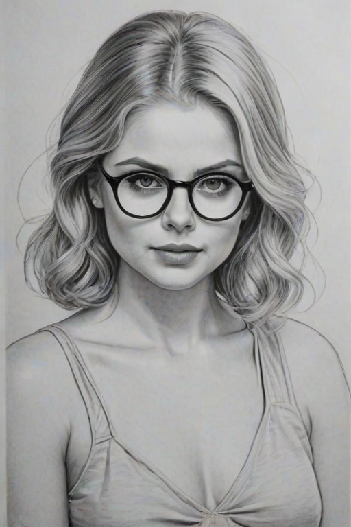 Captivating Rose McIver, pencil sketch, portrait of Exquisite woman 1935s in glasses, hair style beatnik, outline, clear lines, fine lines, 8k