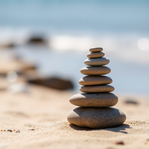 Create an image of a balanced stack of smooth stones on a sandy beach, captured with a DSLR camera at f/2.8, ISO 100, 50mm lens, with a shallow depth of field to emphasize the stones, and natural sunlight illuminating the scene.