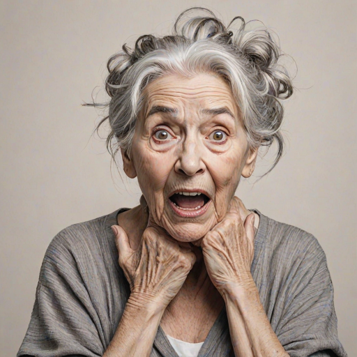 scribbly unfinished sketch, old lady with messy gray hair in a loose bun, surprised expression, mouth open, hands clasped together in front of her chest. Her eyes are wide, eyebrows are furrowed. vibe of shock or surprise.