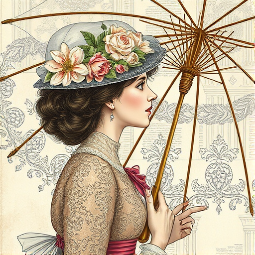 Create a highly detailed, vintage-style illustration of a Victorian woman holding an ornate umbrella, side profile view, with intricate lace patterns and floral details, captured using a DSLR camera with a 50mm lens at f/1.8, ISO 100, and a shallow depth of field to emphasize the subject while softly blurring the background.