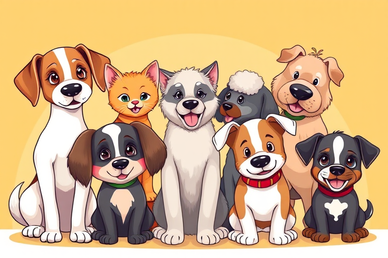Create an illustration of six different cartoon-style dogs: a beagle, a cute orange kitten, a husky, a poodle, a terrier, and a playful puppy, with a bright, colorful background, high-resolution digital art, 50mm lens, f/2.8, soft focus for a whimsical effect.