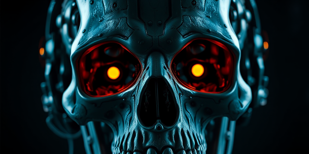 Create a highly detailed and hyper-realistic close-up of a cyborg skull with intricate mechanical components, glowing orange eyes, and a dark, moody background, using a DSLR camera with a 85mm lens at f/1.4, ISO 100, and a shutter speed of 1/200 sec.