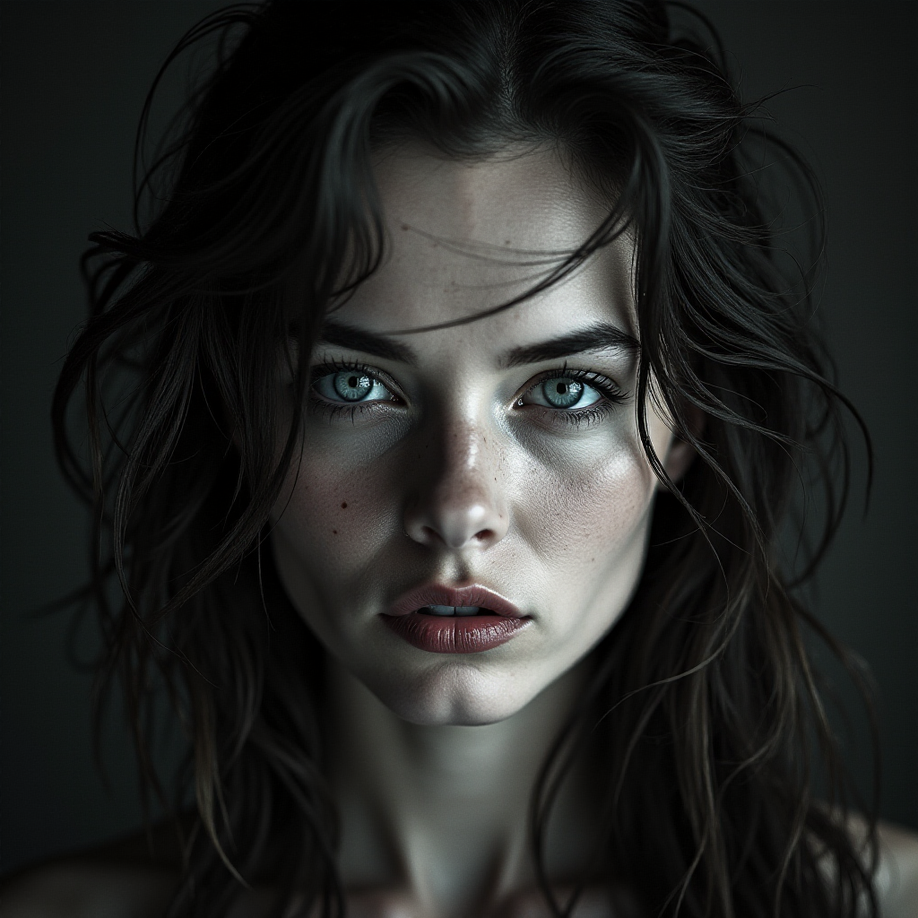 a striking portrait in the style of black-and-white photography, dramatic high-contrast lighting eloquently tracing the intricate details of hand-drawn pen strokes, a beautiful Nordic woman tousled hair and shining, focus on blue eyes and red lips, radiating with intensity portrait that highlights her dark , wet, . The monochromatic statement features her pale skin colored by tiny beads of sweat and water droplets, showcasing a hyper-detailed composition that focuses entirely on her unforgettable face. The stylized composition basks in atmosphere and mystery, created by the powerful, piercing gaze of the water-driven Nordic woman as she commands an intense and mesmerizing aura within the limited frame. Composed to evoke a sense of nostalgic wonder, this portrait perfectly captures the essence of a bygone era.
